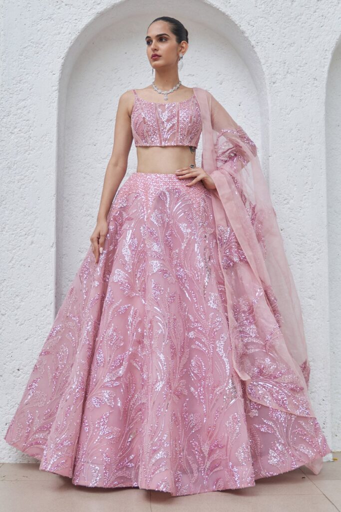 Blush Pink Embroidered Blouse & Lehenga with Organza Dupatta