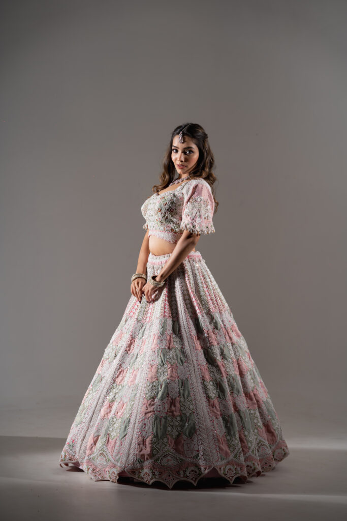 Pastel Pink & Green Floral Embroidered Lehenga